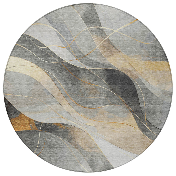 8' Gray Silver And Rust Round Abstract Washable Indoor Outdoor Area Rug-4