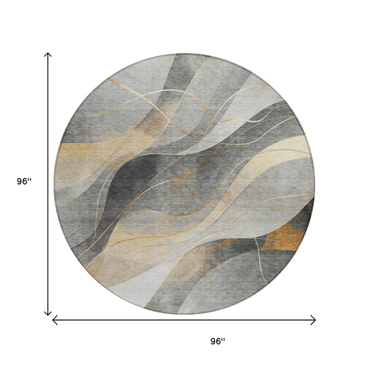 8' Gray Silver And Rust Round Abstract Washable Indoor Outdoor Area Rug-2