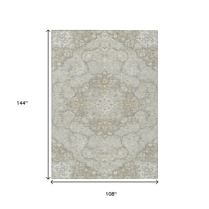 9' X 12' Taupe And Ivory Medallion Washable Indoor Outdoor Area Rug-2