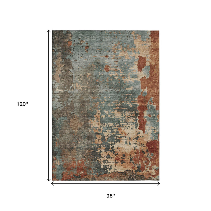 8' X 10' Pale Aqua Copper And Beige Abstract Washable Indoor Outdoor Area Rug-2