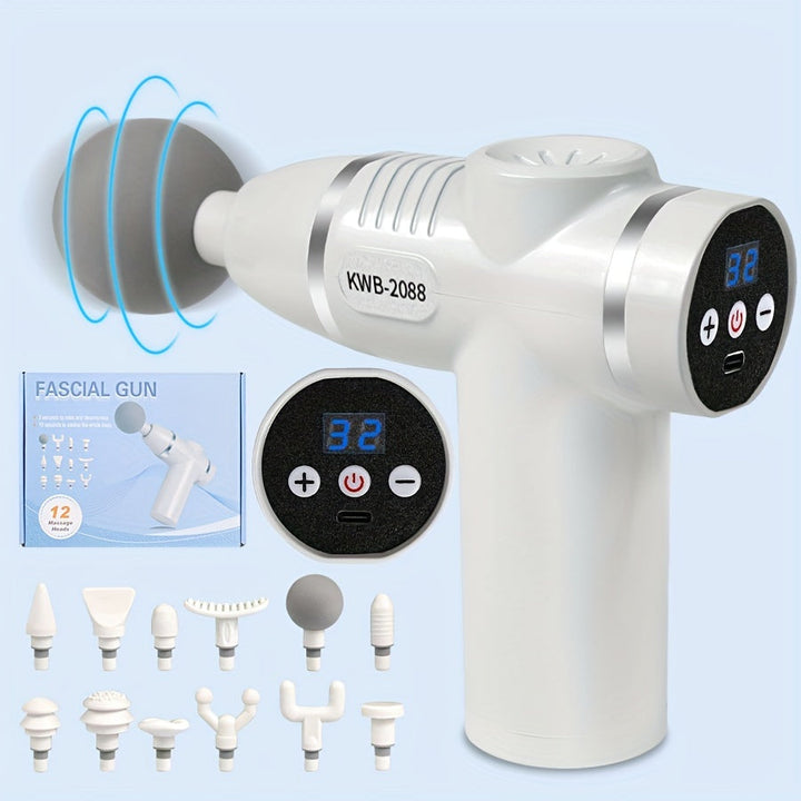 Portable Handheld 8-Speed Massage Gun with 12 Replaceable Heads(White)-2