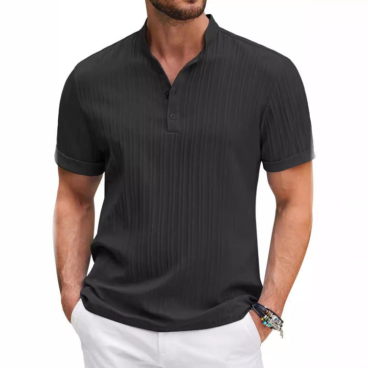 Summer Stand Collar Buttons Short Sleeve T-shirt Solid Color Stripe POLO Shirt Fashion Casual Beach Clothing For Men My Store
