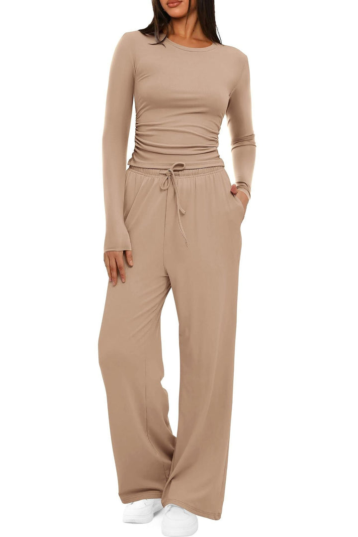 2 Pieces Women's Suit Autumn Winte Long Sleeve Tops High Waisted Wide Leg Pants Sportswear Female Clothes Solid Color Casual Suit My Store