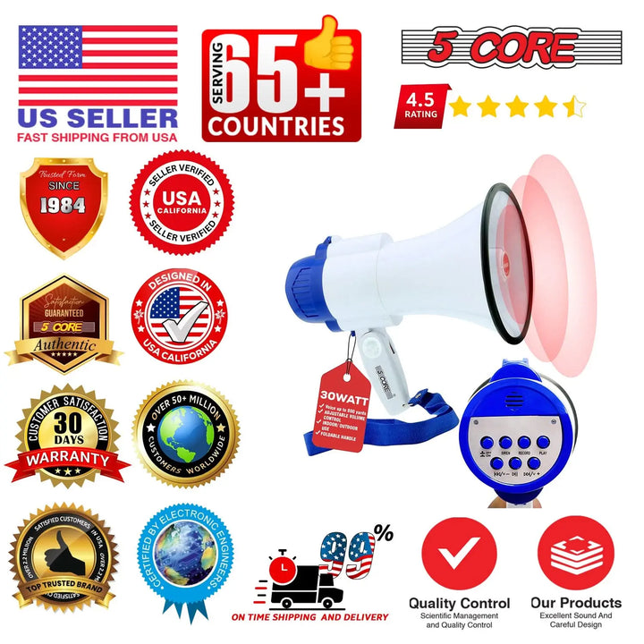 5Core Megaphone Bullhorn Speaker 30W Mini Bull Horn Battery Power Megafono 800 Feet USB BATTERY-1