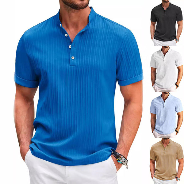 Summer Stand Collar Buttons Short Sleeve T-shirt Solid Color Stripe POLO Shirt Fashion Casual Beach Clothing For Men My Store