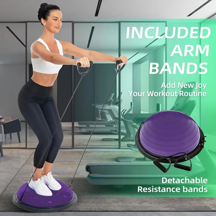 Balance Ball Gym Training Exercise Half Fitness with Pump & Band - Purple-2