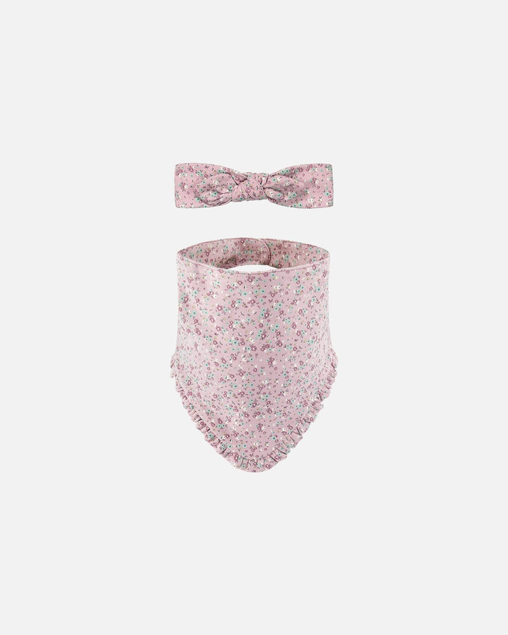 Organic Cotton Headband And Bib Set Mauve Little Flower Print Deux par Deux