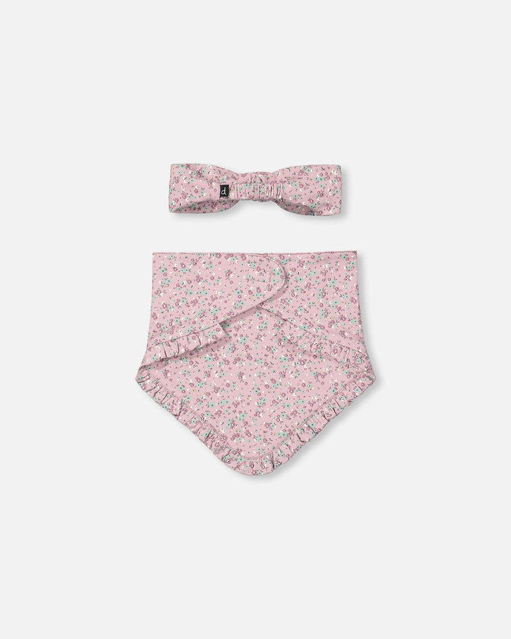 Organic Cotton Headband And Bib Set Mauve Little Flower Print Deux par Deux