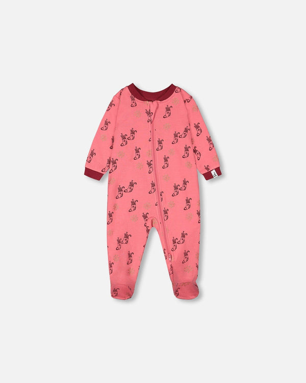 Organic Cotton One Piece Pajama Pink Christmas Stocking Print-0