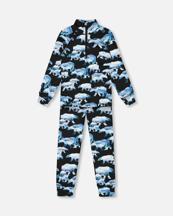 Two Piece Thermal Underwear Set Black Printed Polar Bears Deux par Deux