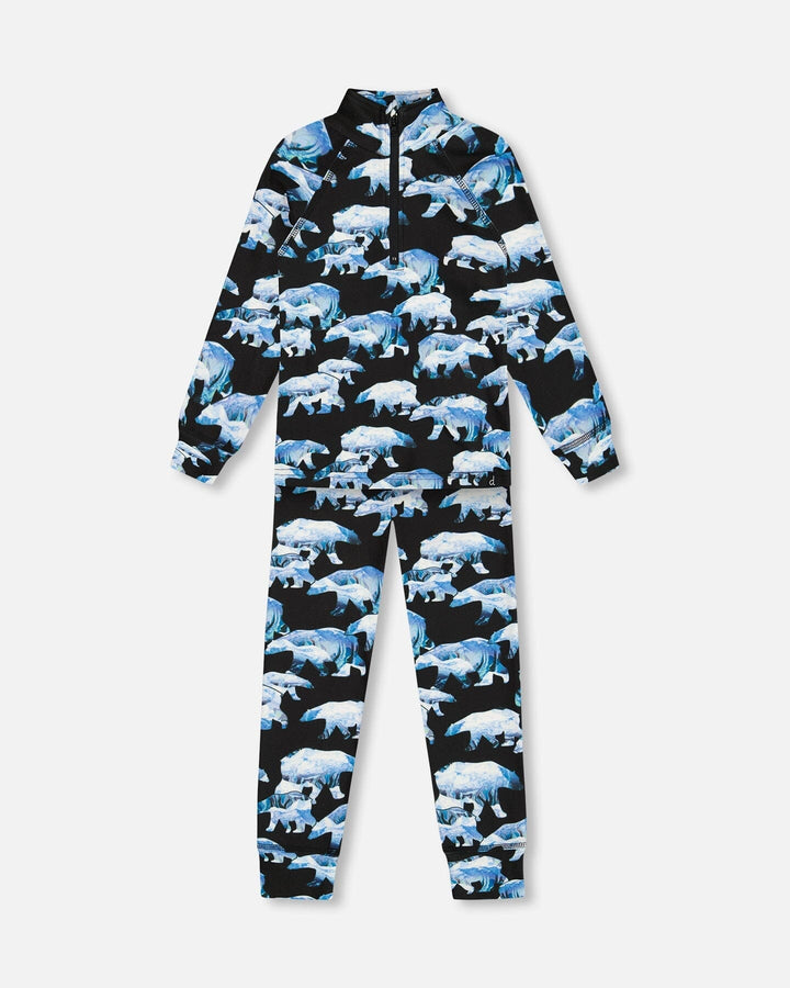 Two Piece Thermal Underwear Set Black Printed Polar Bears Deux par Deux
