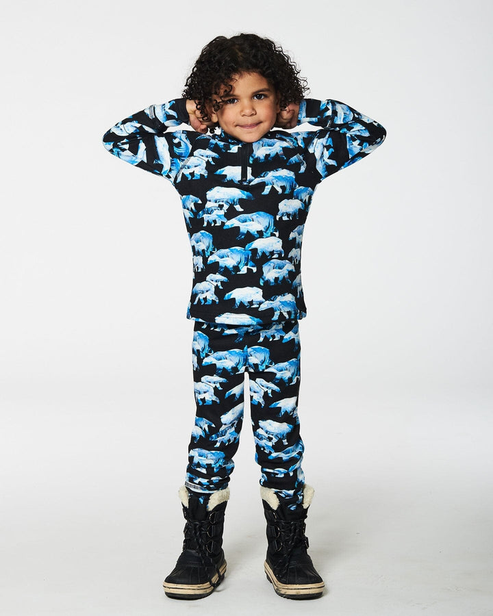 Two Piece Thermal Underwear Set Black Printed Polar Bears Deux par Deux