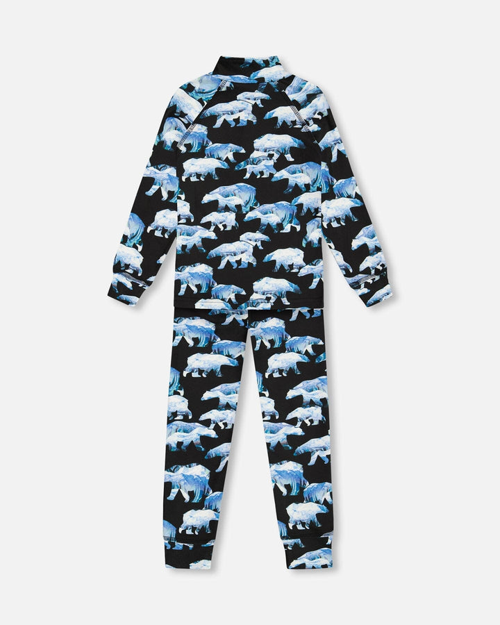 Two Piece Thermal Underwear Set Black Printed Polar Bears Deux par Deux