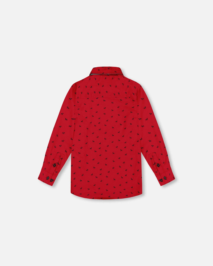 Printed Reindeer Poplin Shirt With Bow Tie Red-4