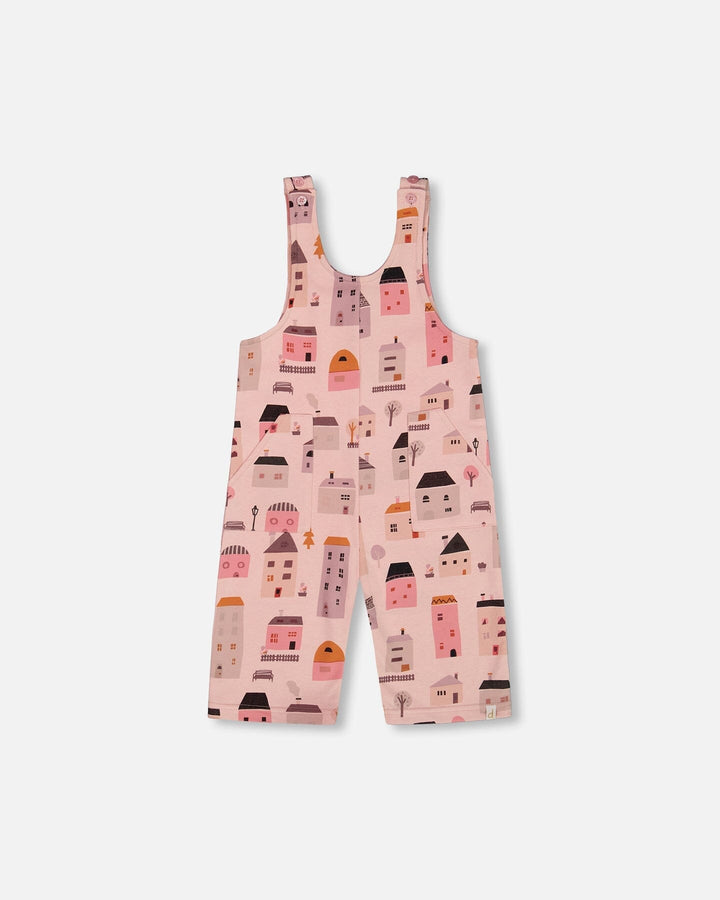 Printed French Terry Overalls Pink And Coral Houses Deux par Deux