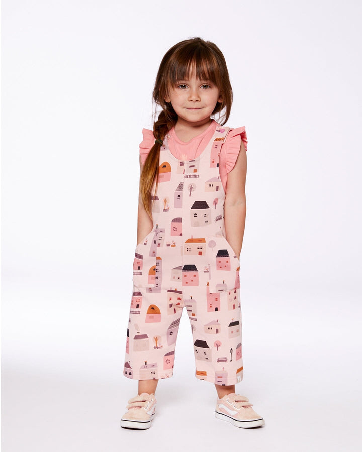 Printed French Terry Overalls Pink And Coral Houses Deux par Deux
