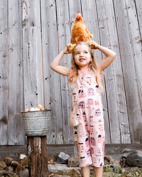 Printed French Terry Overalls Pink And Coral Houses Deux par Deux