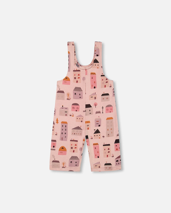 Printed French Terry Overalls Pink And Coral Houses Deux par Deux