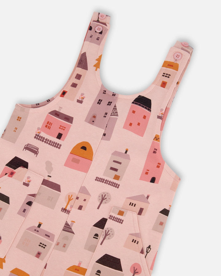Printed French Terry Overalls Pink And Coral Houses Deux par Deux
