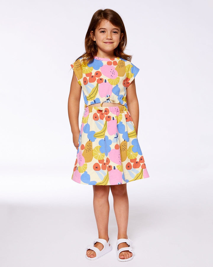 Printed French Terry Dress Fruits On Yellow Background-1