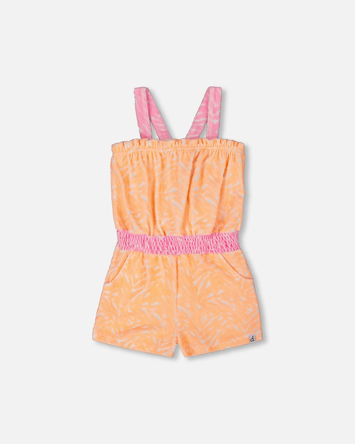 Printed Terry Cloth Romper Vibrant Orange And White Deux par Deux