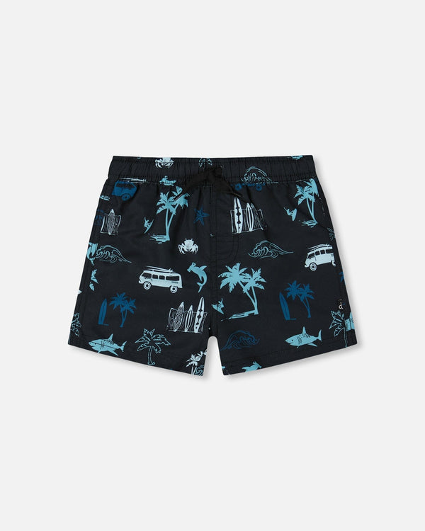 Printed Swim Trunks Light Blue Beach On Black-0