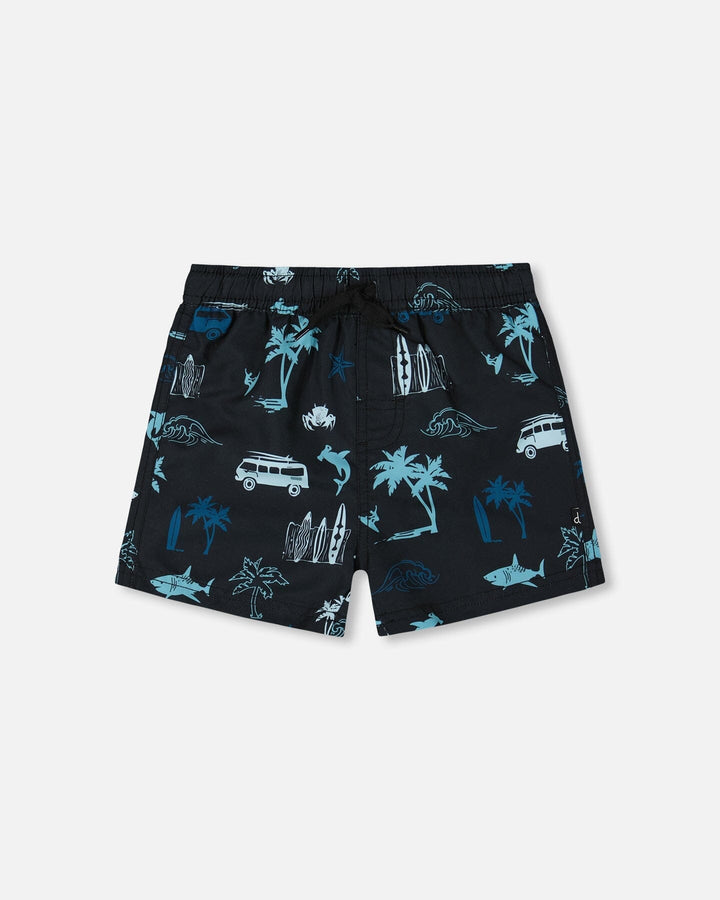Printed Swim Trunks Light Blue Beach On Black-0