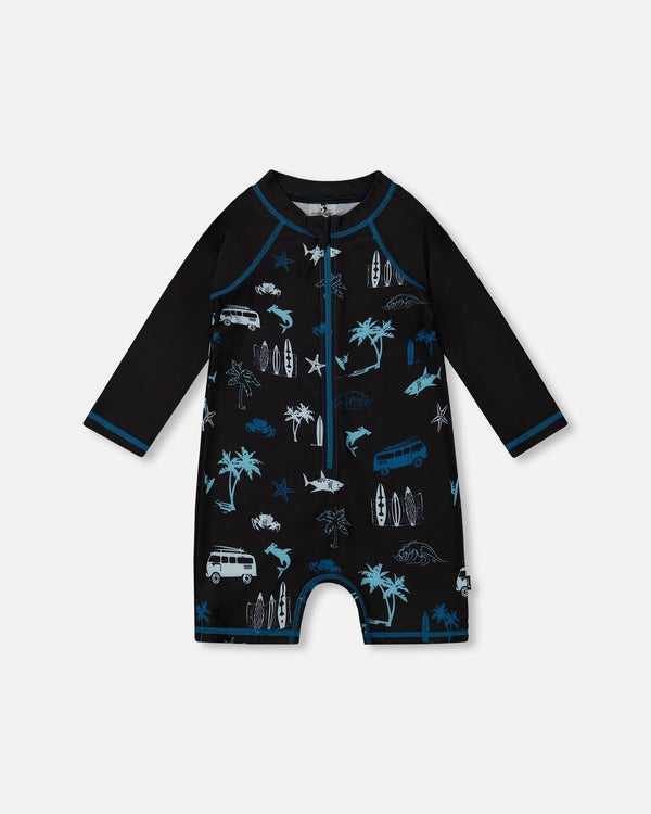Printed Long Sleeve Rashguard Light Blue Beach On Black-0