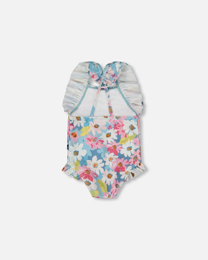 Printed One-Piece Swimsuit With Frills White, Pink, And Green Flowers-2