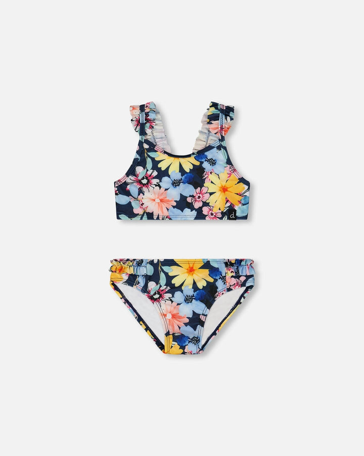 Printed Two-Piece Swimsuit Navy And Yellow And Pink Flowers Deux par Deux