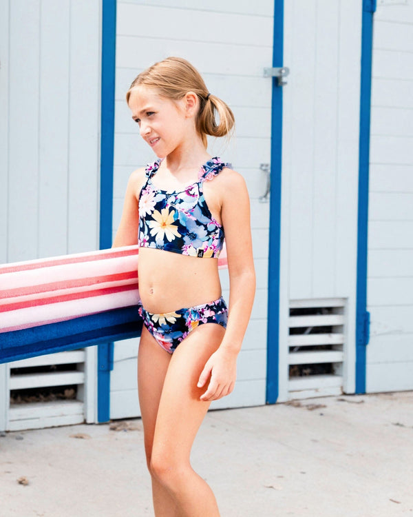 Printed Two-Piece Swimsuit Navy And Yellow And Pink Flowers Deux par Deux