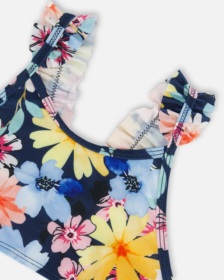 Printed Two-Piece Swimsuit Navy And Yellow And Pink Flowers Deux par Deux