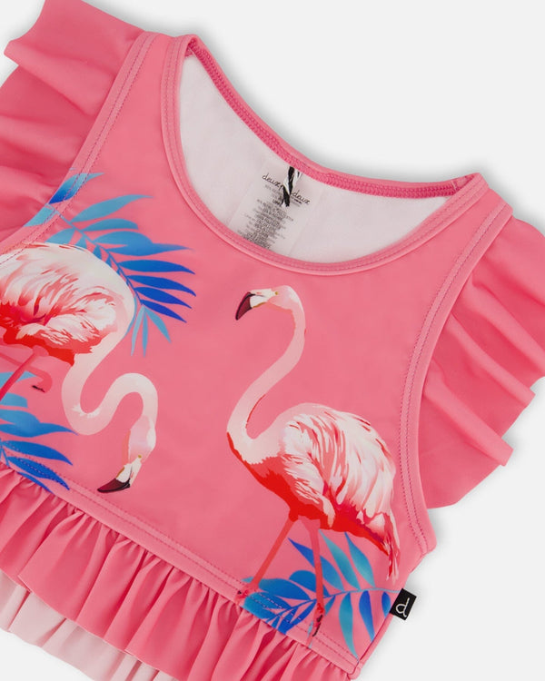 Printed Two-Piece Swimsuit With Frills Candy Pink And Pink Flamingo Deux par Deux