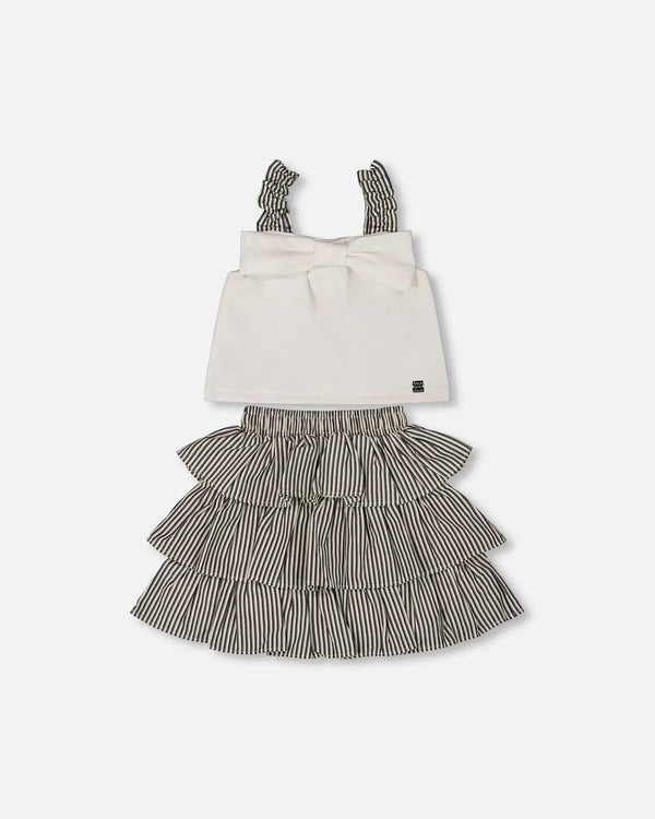Bow Top And Ruffled Skirt Set White And Black Striped-0