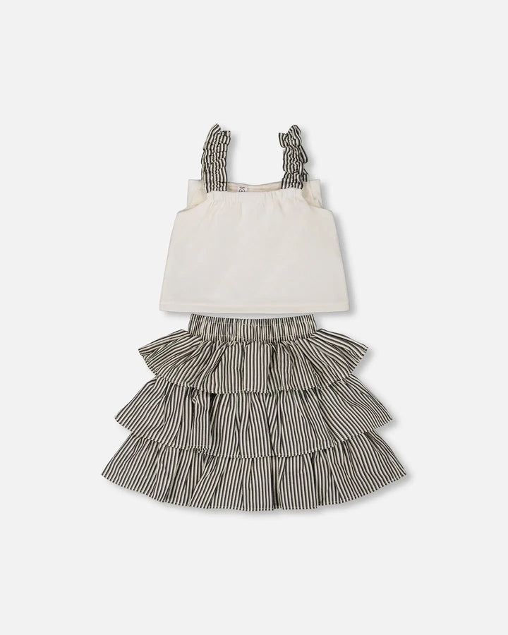 Bow Top And Ruffled Skirt Set White And Black Striped-2