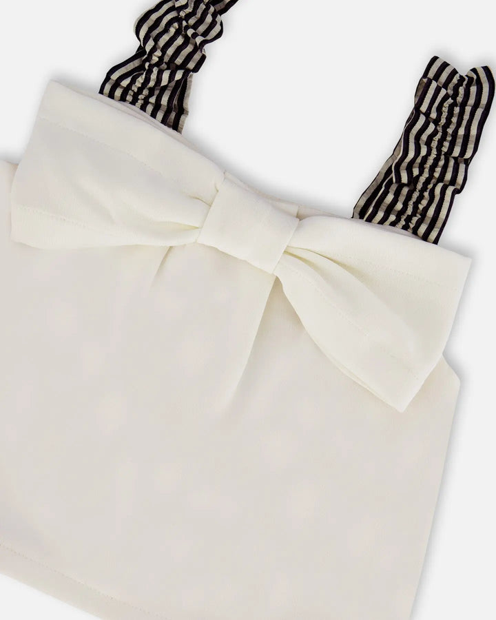 Bow Top And Ruffled Skirt Set White And Black Striped-3
