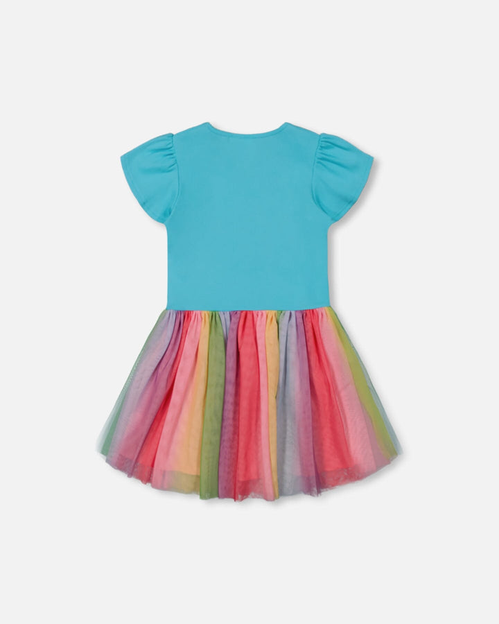Bi-Material Dress With Printed Mesh Skirt Multicolored-3