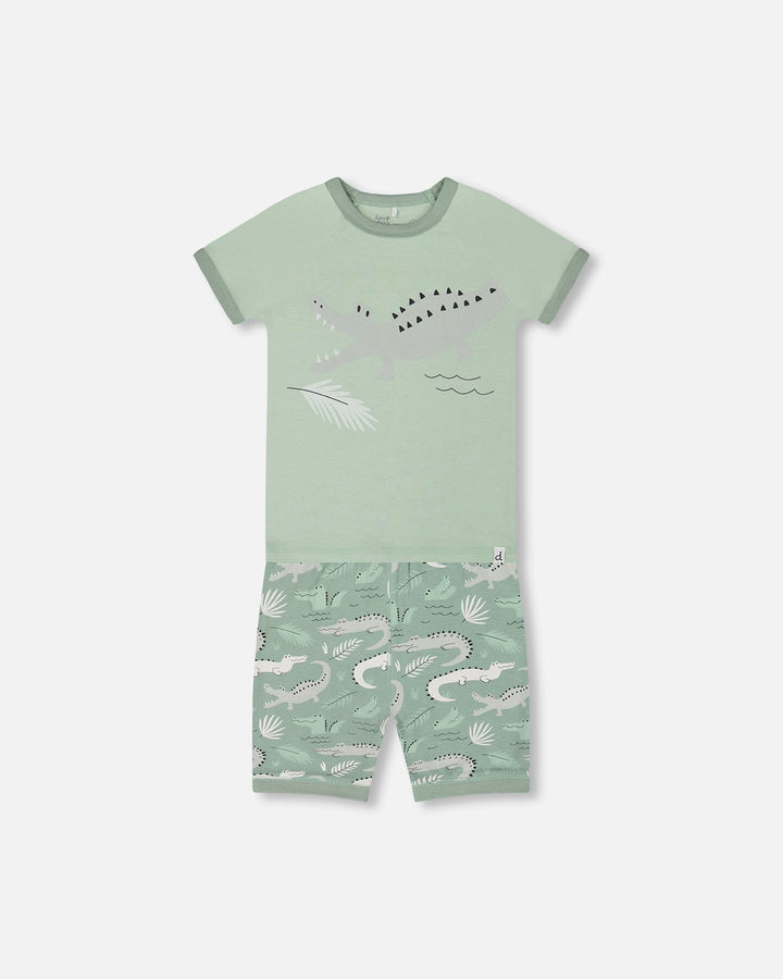 Organic Cotton Two-Piece Short Pajama Set Light Sage And Gray Crocodile Deux par Deux