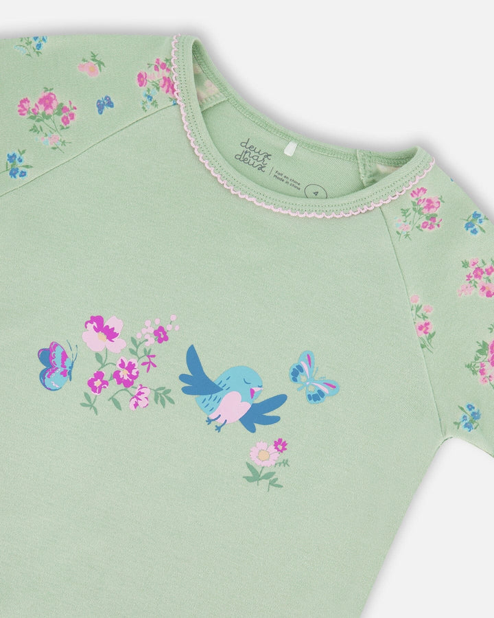 Organic Cotton Two-Piece Short Pajama Set Small Pink And Blue Flowers On Light Sage Deux par Deux