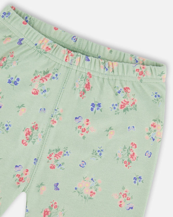 Organic Cotton Two-Piece Short Pajama Set Small Pink And Blue Flowers On Light Sage Deux par Deux