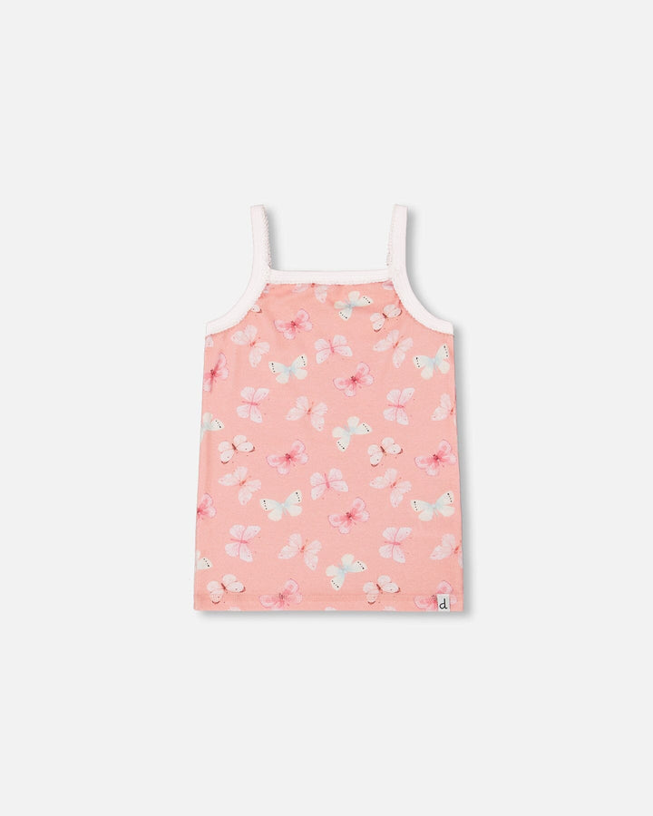 Printed Organic Cotton Tank Top Pink And Blue Butterflies On Old Pink Deux par Deux