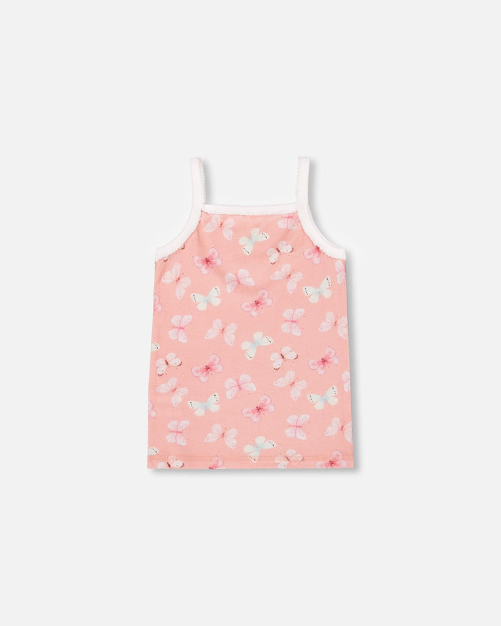 Printed Organic Cotton Tank Top Pink And Blue Butterflies On Old Pink Deux par Deux