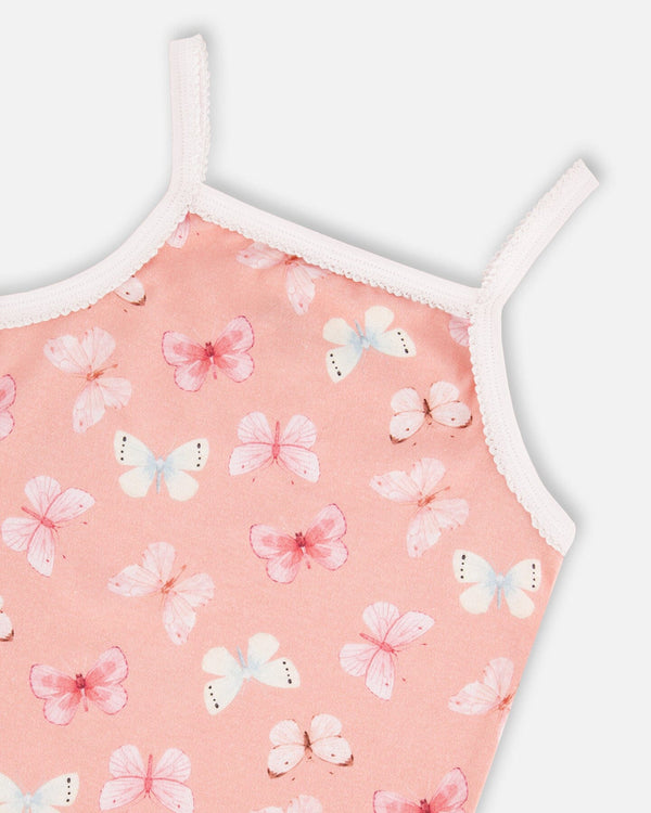 Printed Organic Cotton Tank Top Pink And Blue Butterflies On Old Pink Deux par Deux