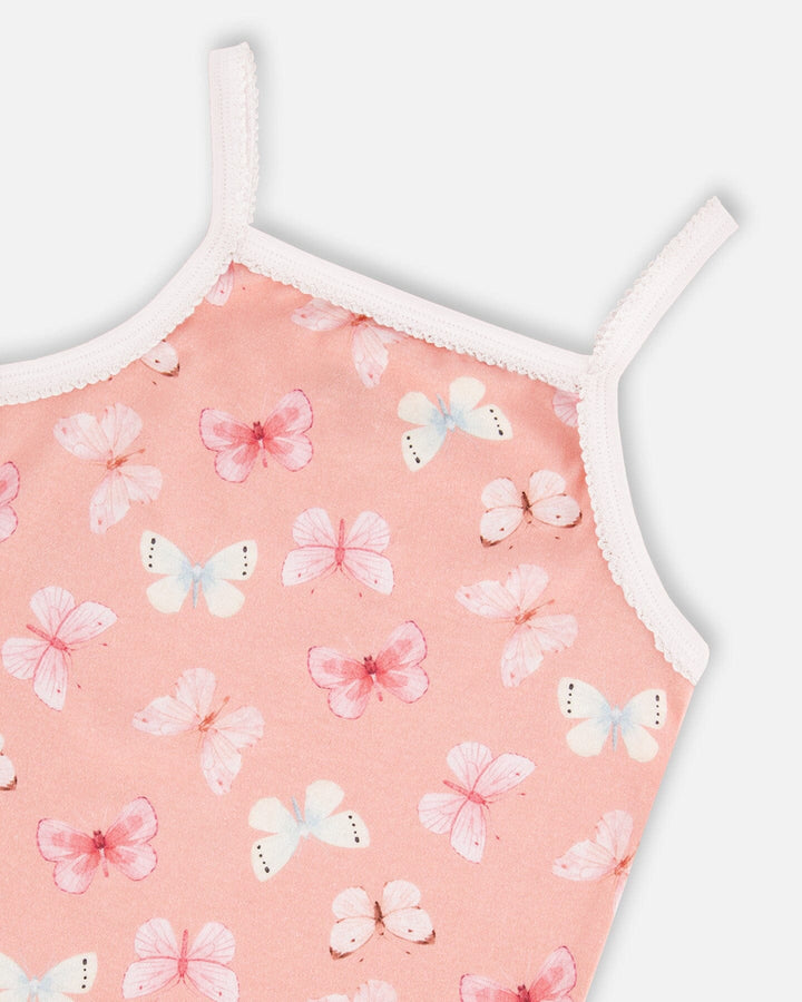 Printed Organic Cotton Tank Top Pink And Blue Butterflies On Old Pink Deux par Deux