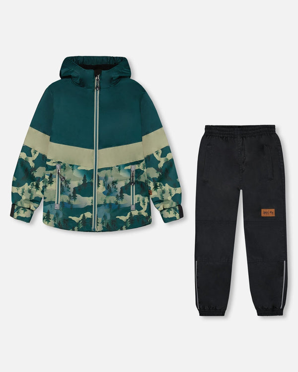 Colorblock Printed Two-Piece Mid-Season Outerwear Set Forest Green With Black Pines-0