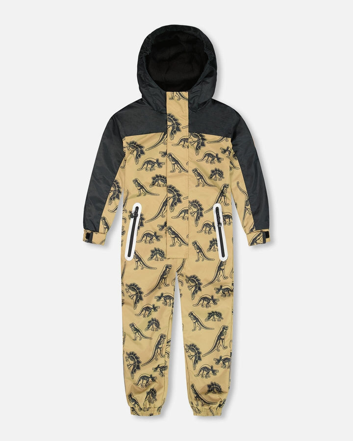 Printed Mid-Season One-Piece Outerwear Black Dinosaur On Beige Background Deux par Deux