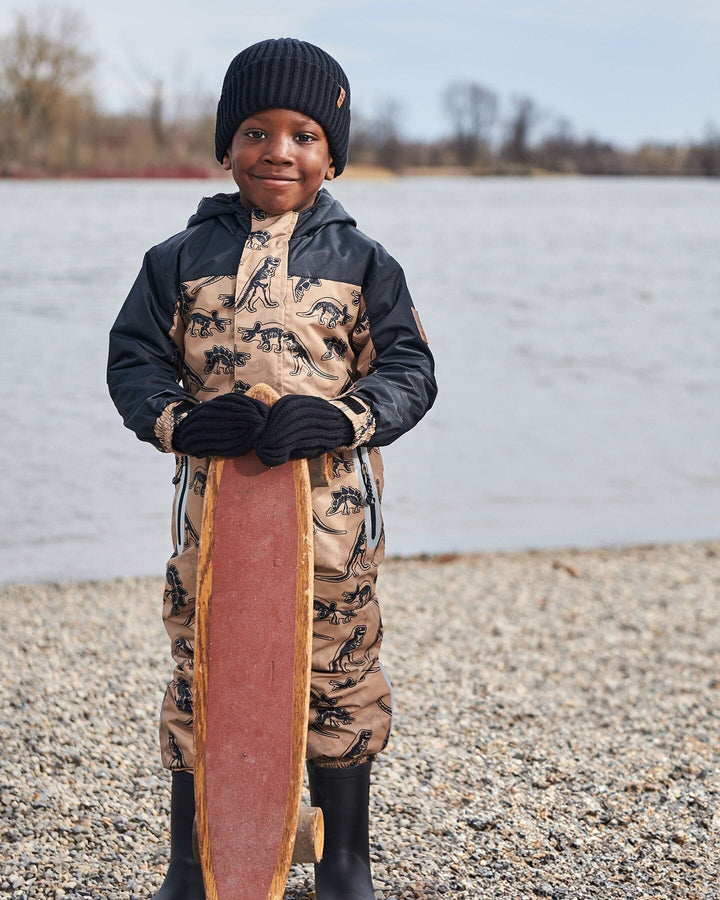 Printed Mid-Season One-Piece Outerwear Black Dinosaur On Beige Background Deux par Deux