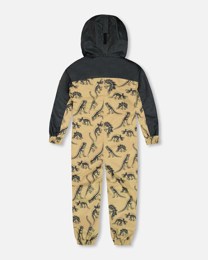 Printed Mid-Season One-Piece Outerwear Black Dinosaur On Beige Background Deux par Deux