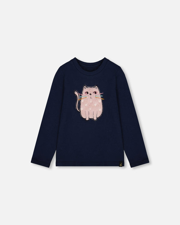 Organic Cotton T-Shirt Dark Blue With Cat-0