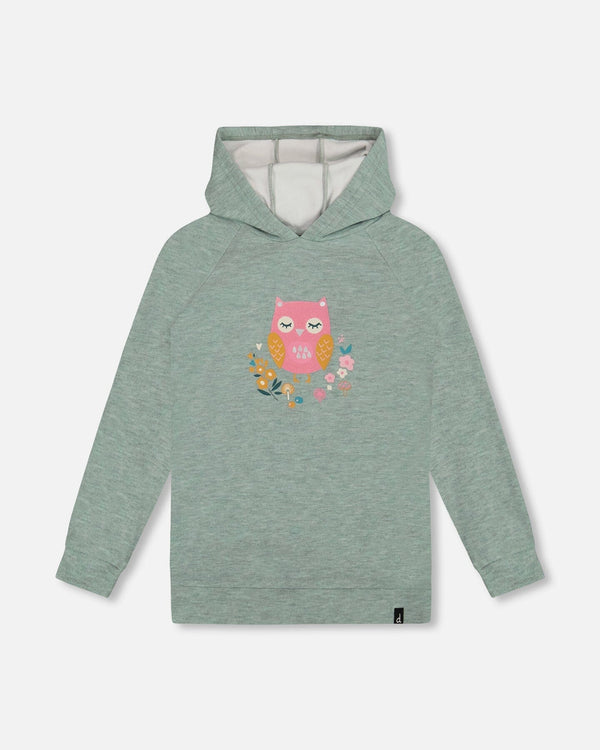 Hooded Tunic Sage Green With Owl Print Deux par Deux